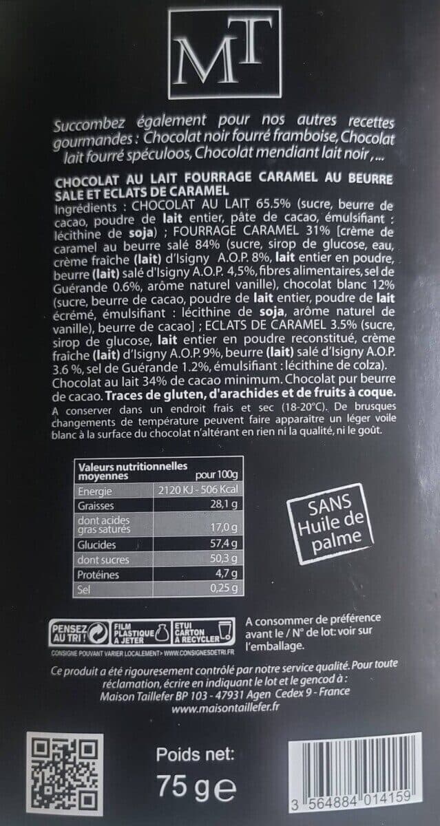 Maison taillefer Maison Taillefer Chocolat Au Lait Pur Beurre De Cacao Fourrage Au Caramel Au Beurre Salé 75G - Lot X6 packshot