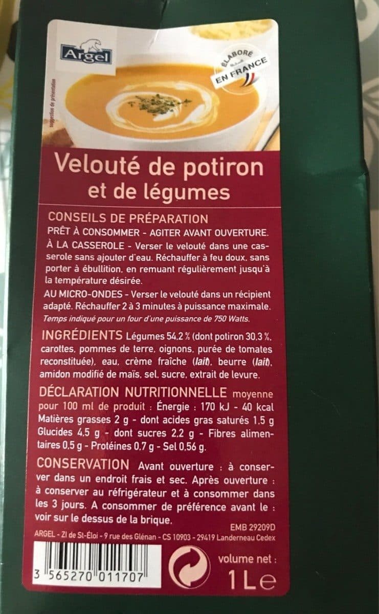 Argel Velouté de potiron et de légumes packshot