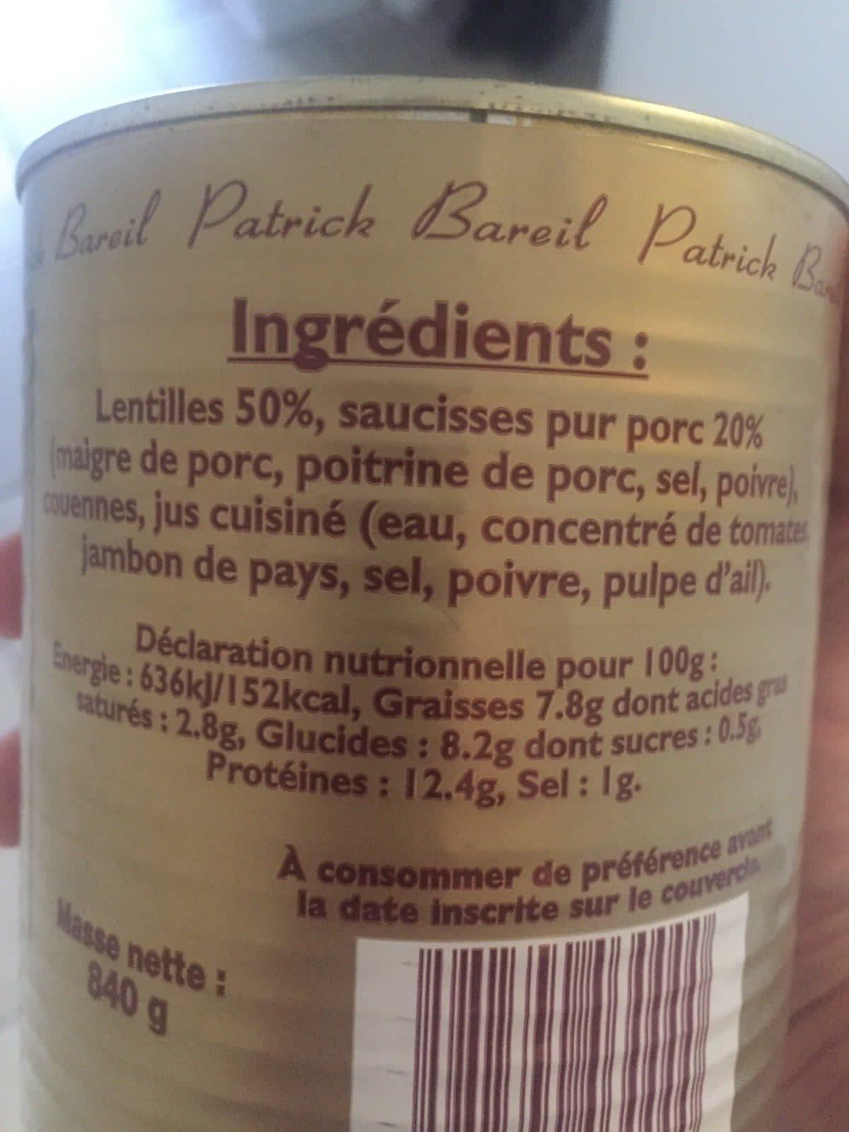 Patrick Bareil Lentilles aux saucisses packshot
