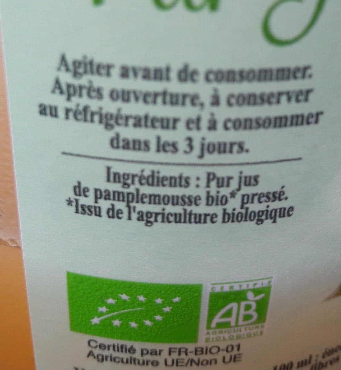 Finesse des Vergers Pur jus de pamplemousse Bio packshot