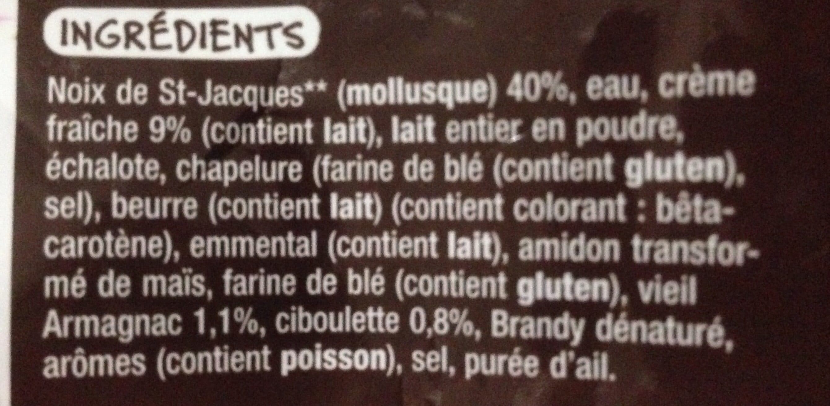 Auchan Coquille St-Jacques* sauce au Vieil Armagnac*Zygochlamys patagonica : Argentine (A) Chlamys opercularis : Féroé (F), Royaume-Uni (E), France (D) Argopecten purpuratus : Pérou (P). (Voir lettre ind packshot
