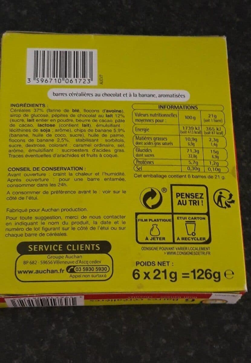 Auchan Barres céréalières Goût Chocolat - banane packshot