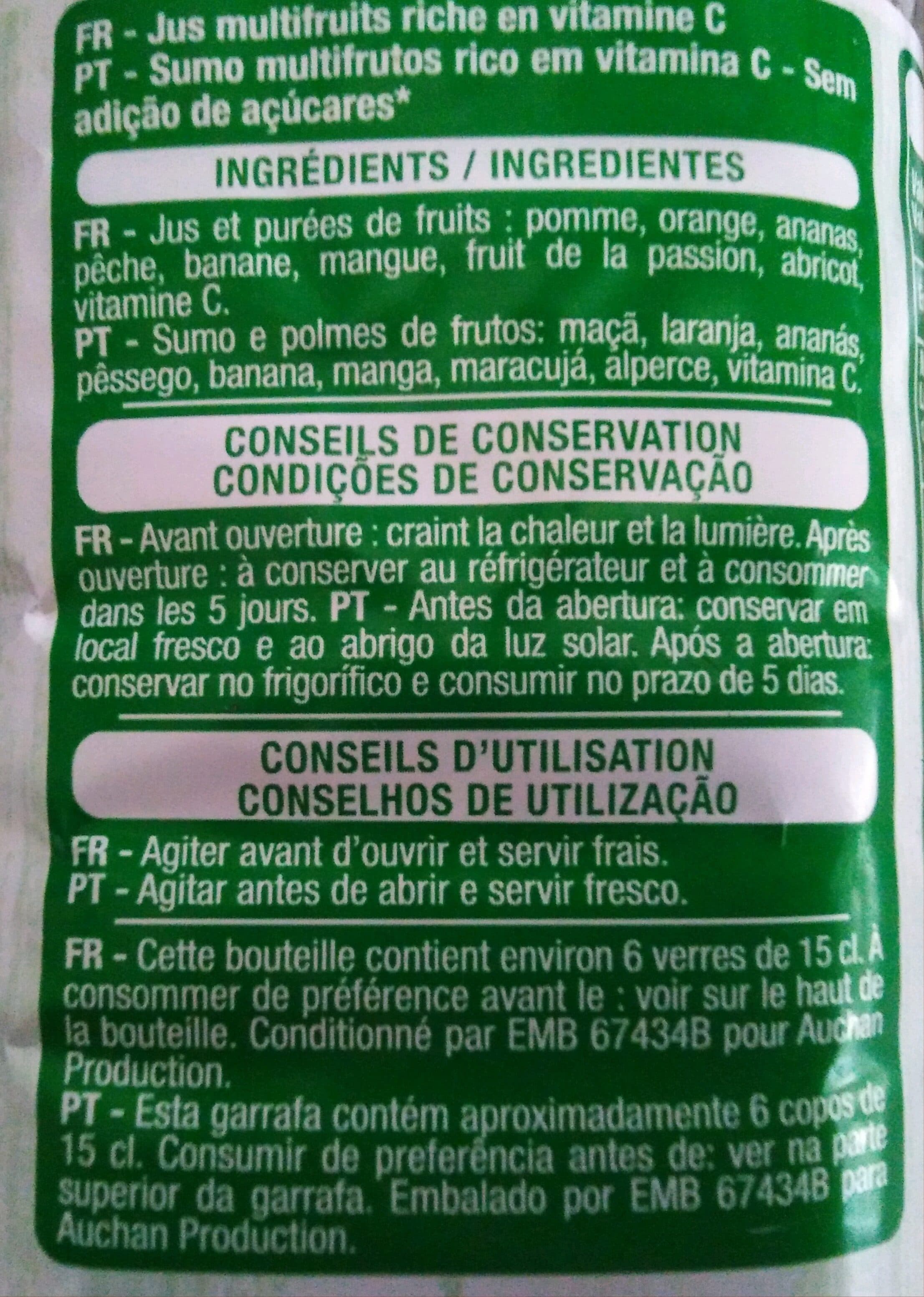 Auchan 100% Pur jus multifruitsSans sucres ajoutés** Comme tous les jus de fruits. Contient les sucres naturellement présents dans les fruits. packshot