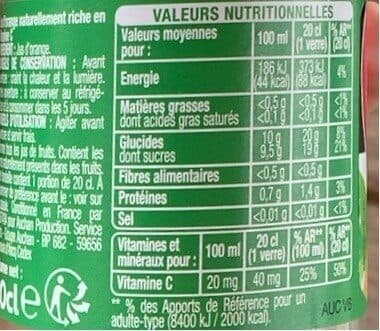 Auchan 100% Pur jusOrange sans pulpeRiche en vitamine CSans sucres ajoutés** Comme tous les jus de fruits. Contient les sucres naturellement présents dans les fruits. packshot