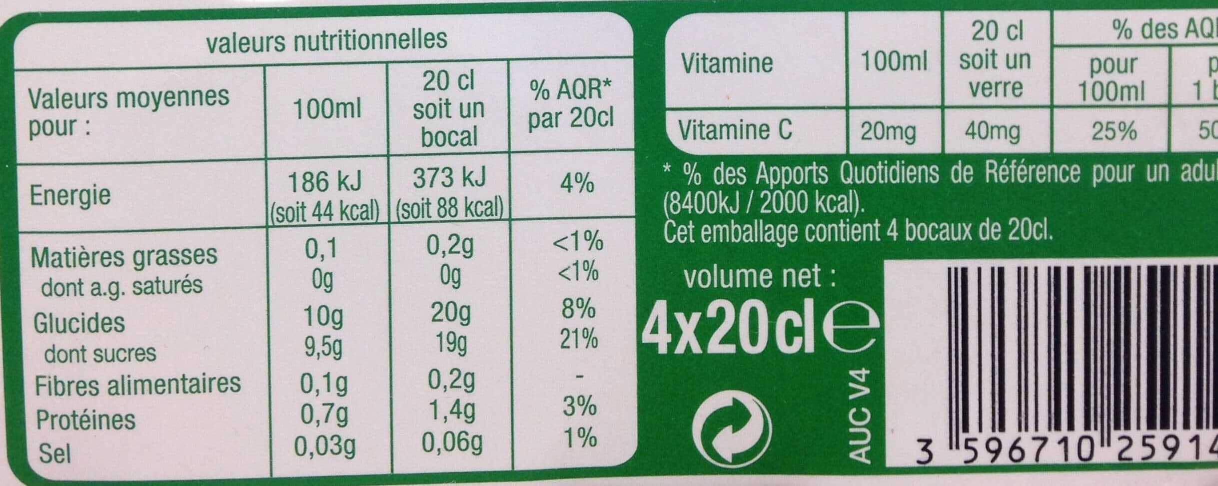 Auchan 100% Pur jusOrange sans pulpeRiche en vitamine CSans sucres ajoutés** Comme tous les jus de fruits. Contient les sucres naturellement présents dans les fruits. packshot