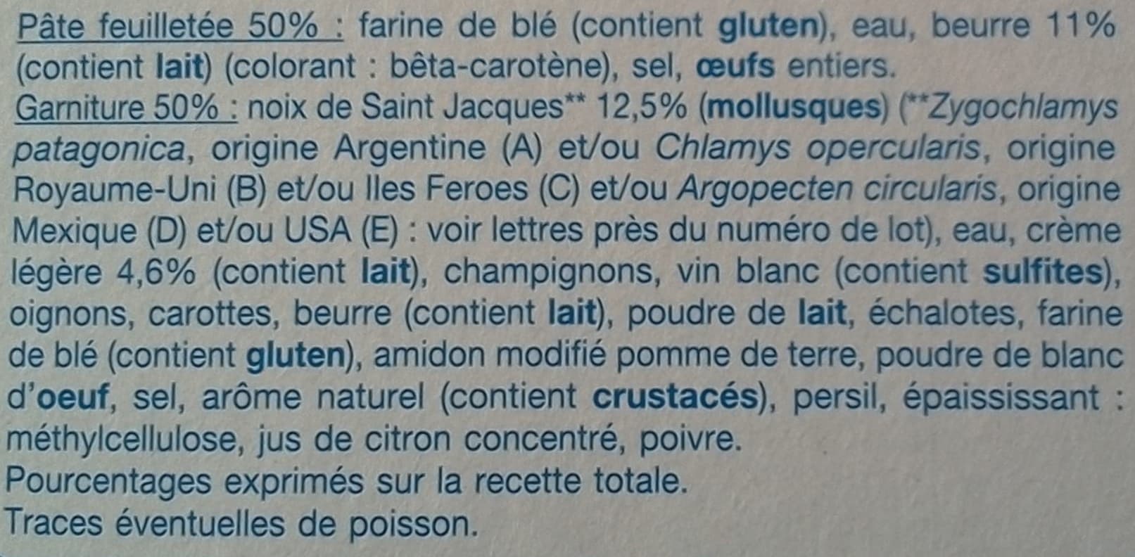 Auchan 4 Feuilletés aux Noix de Saint Jacques*Pâte pur beurre* Zygochlamys patagonica, origine Argentine (A) et/ou Chlamys opercularis, origine Royaume-Uni (B) et/ou Iles Feroes (C) : voir lettres près du nu packshot