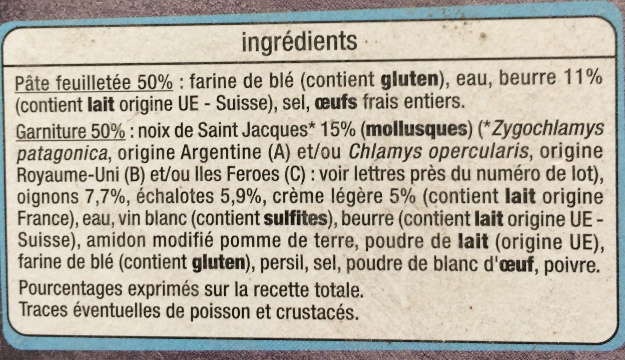 Auchan 4 Feuilletés aux Noix de Saint Jacques*Pâte pur beurre* Zygochlamys patagonica, origine Argentine (A) et/ou Chlamys opercularis, origine Royaume-Uni (B) et/ou Iles Feroes (C) : voir lettres près du nu packshot