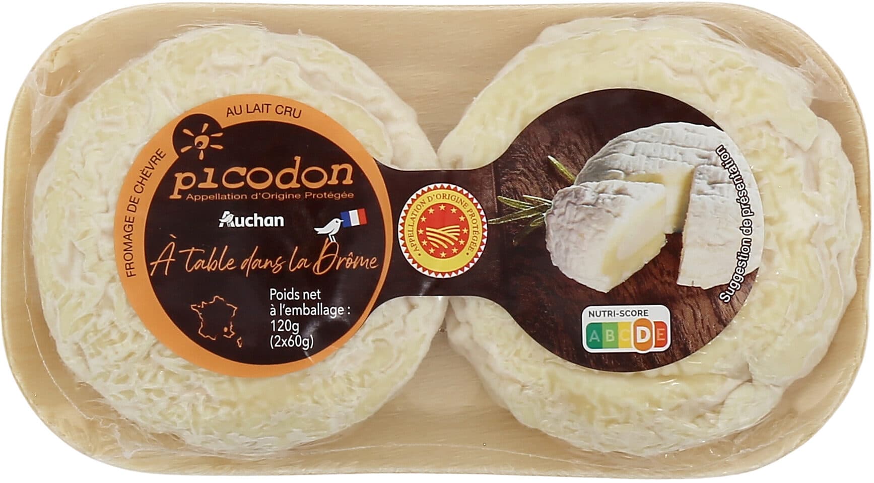 Auchan picodon Appellation d'Origine ProtégéeFromage de chèvre au lait cru packshot