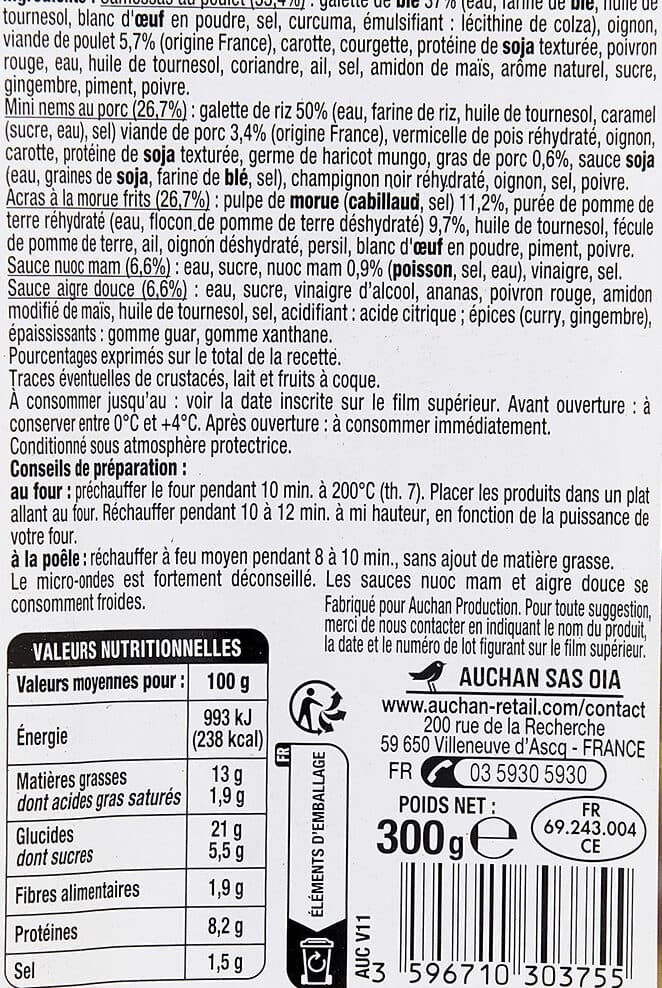 Auchan RECETTE D'ASIEASSORTIMENT ASIATIQUEX124 SAMOSSAS POULET4 MINI NEMS PORC4 ACRAS MORUESAUCES NUOC MAM et AIGRE DOUCE packshot
