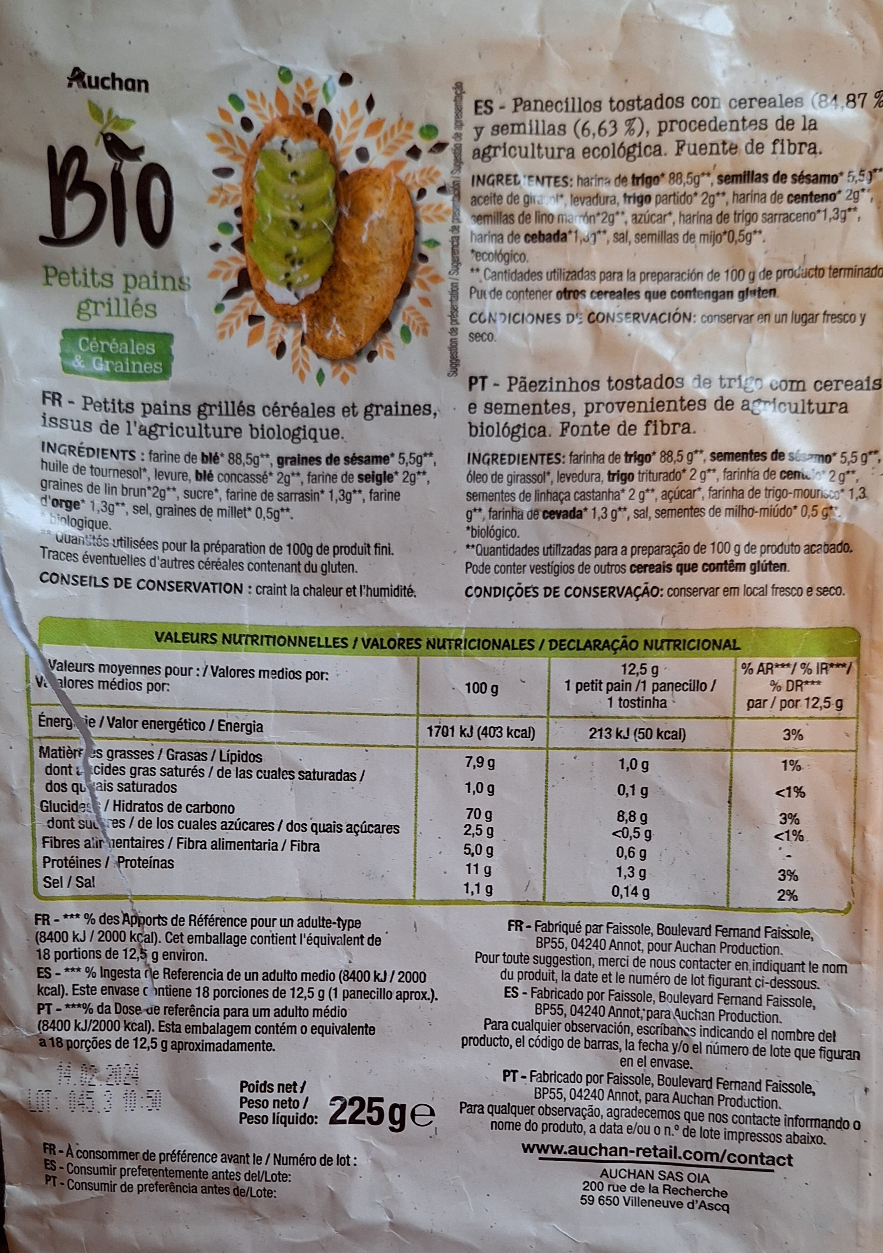 Auchan Petits Pains Grillés céréales et graines biologique packshot