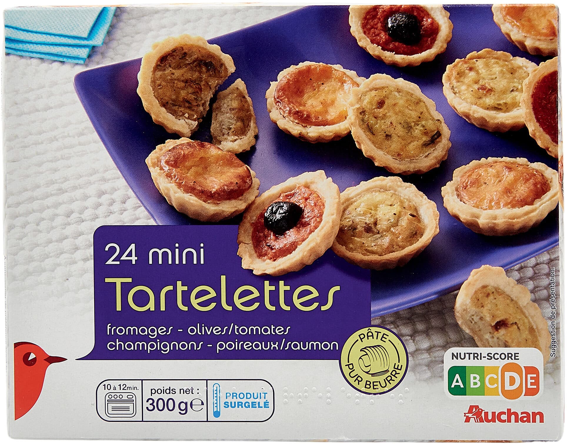 Auchan 24 mini Tartelettesfromages - olives/tomates - champignons - poireaux/saumon. packshot