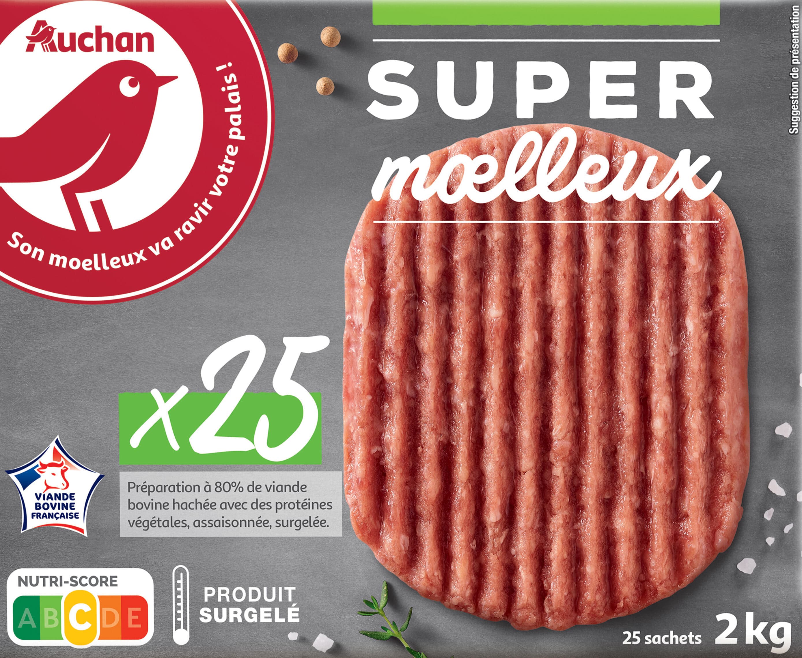 Auchan 25 Super MoelleuxPréparation à 80% de viande bovine hachée avec protéines végétales, assaisonnée, surgelée packshot