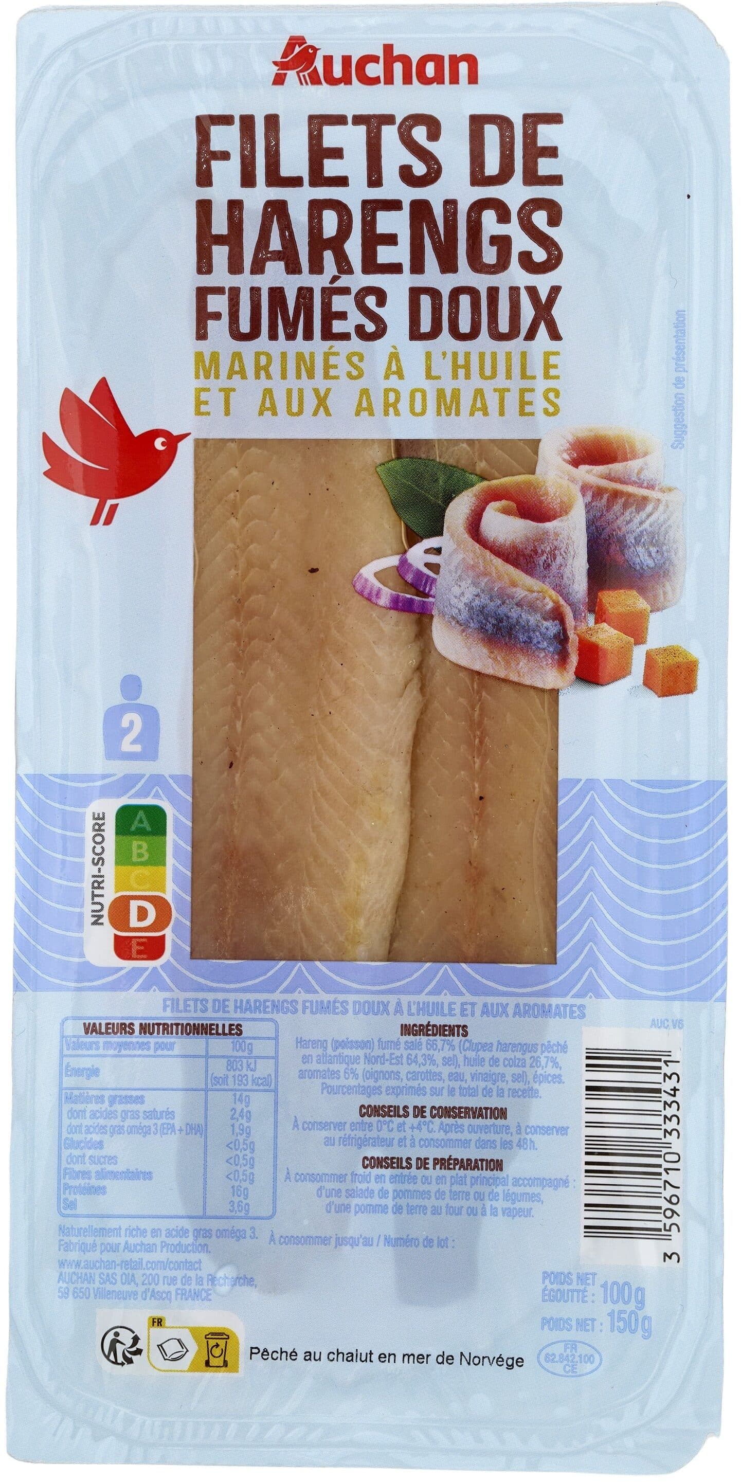 Auchan Filets de harengs fumés doux marinés à l'huile et aux aromates packshot
