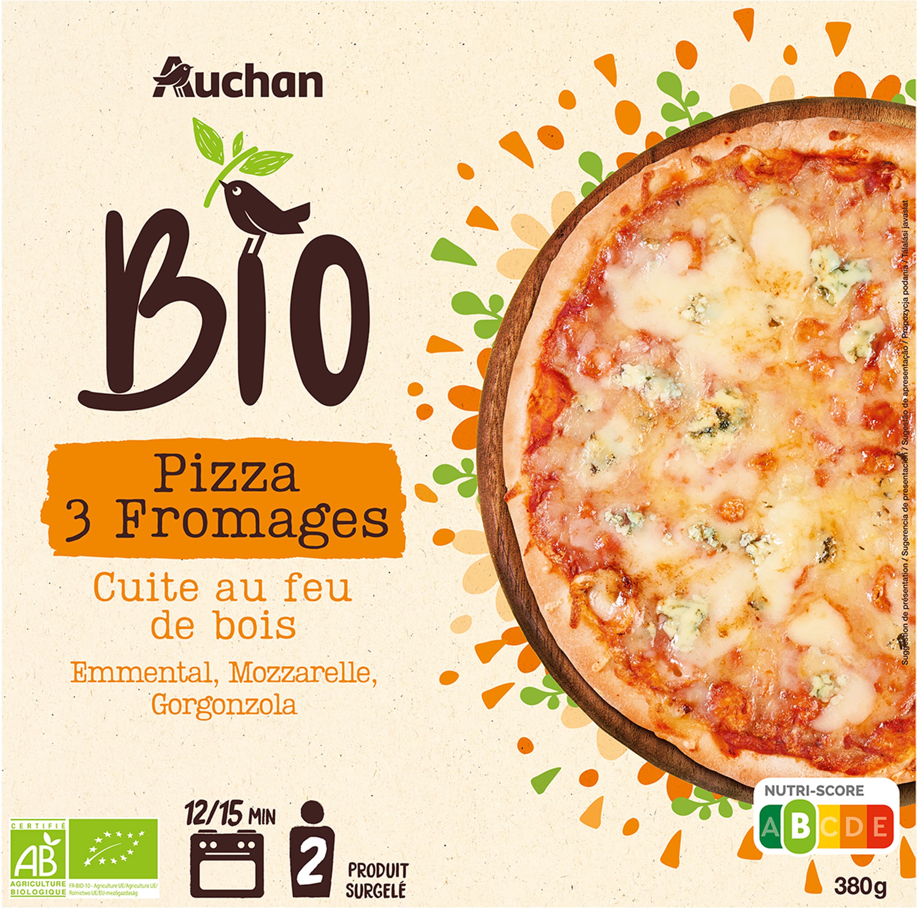 Auchan Pizza 3 fromages Bio cuite au feu de bois packshot