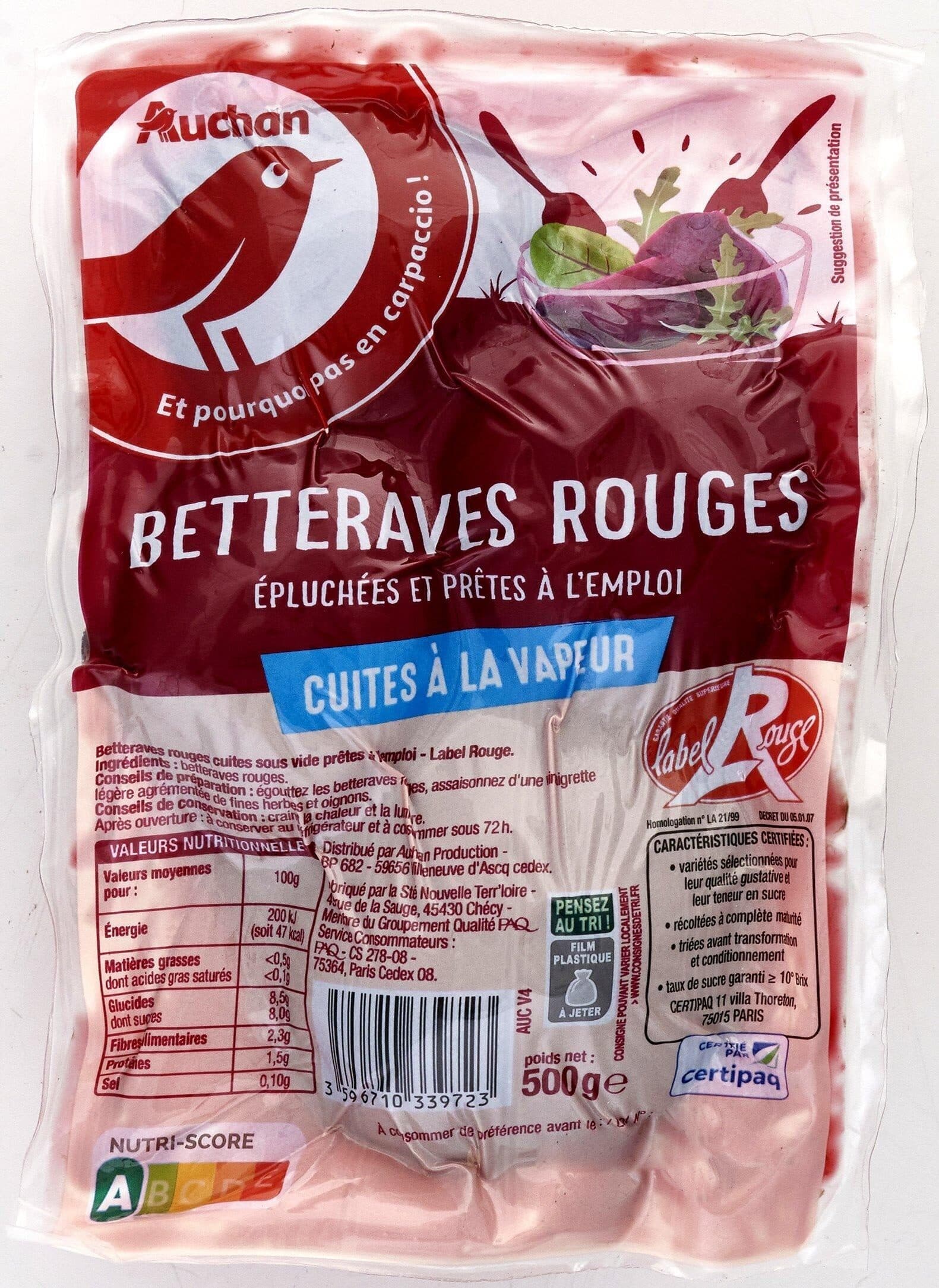 Auchan Betteraves rouges – cuites à la vapeur - épluchées et prêtes à l'emploi - Label Rouge packshot