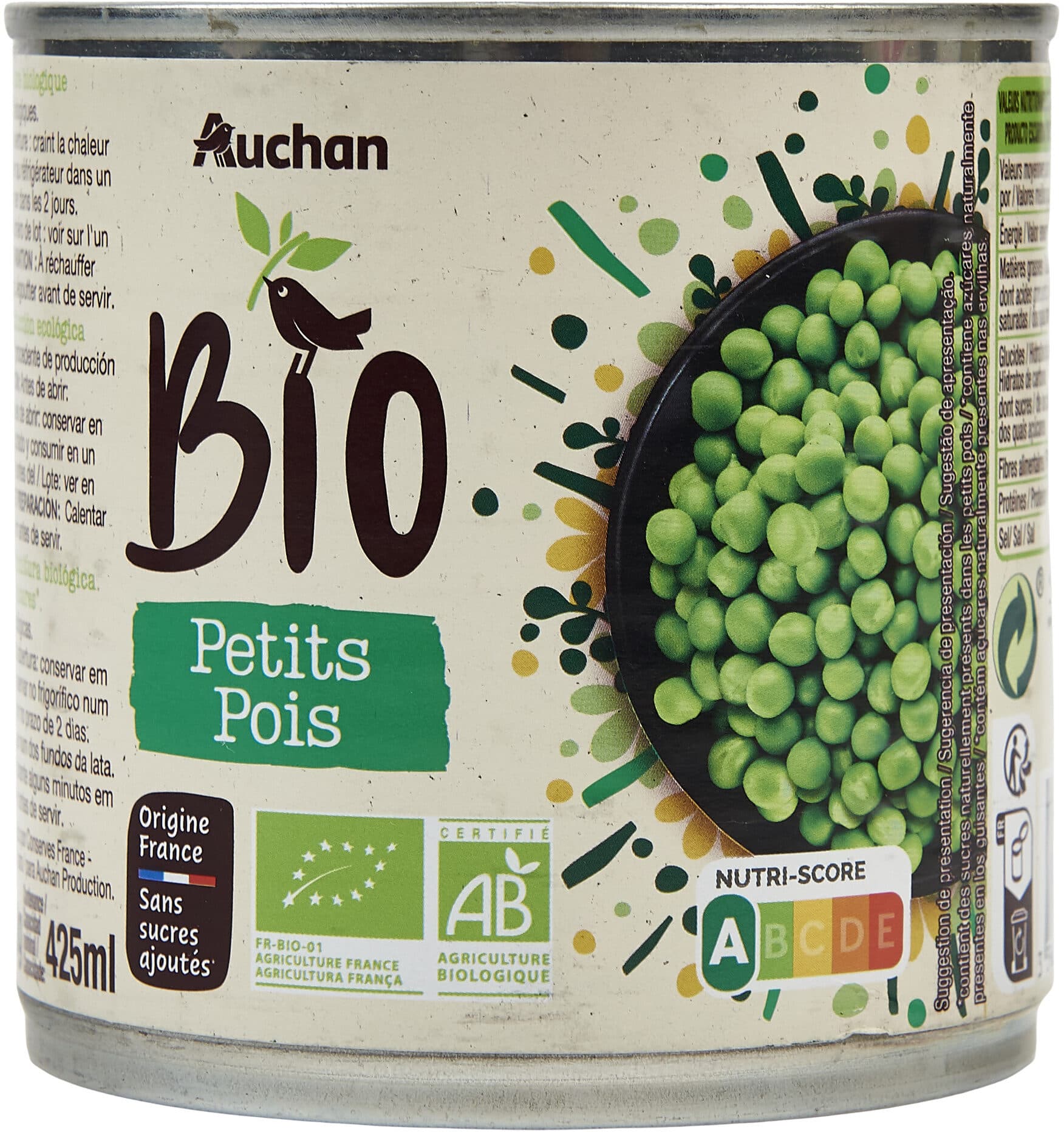 Auchan Bio Petits pois biologiques sans sucres ajoutés* packshot