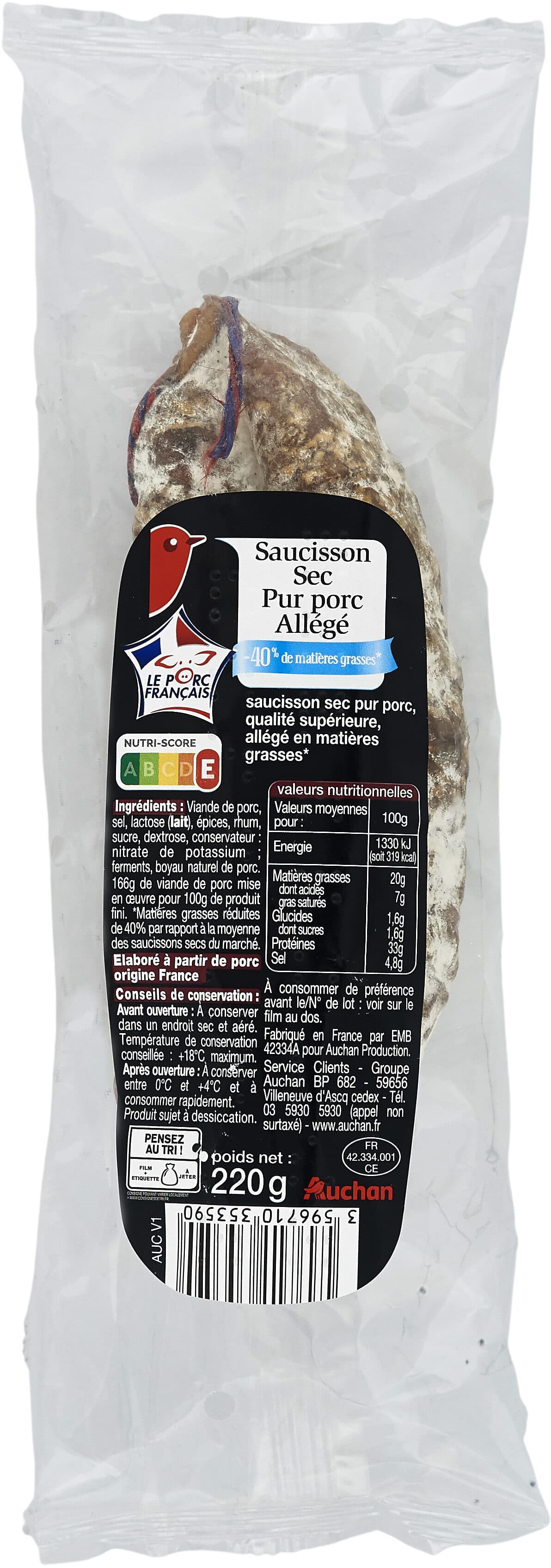Auchan Saucisson sec pur porc allégé-40% de matières grasses* packshot