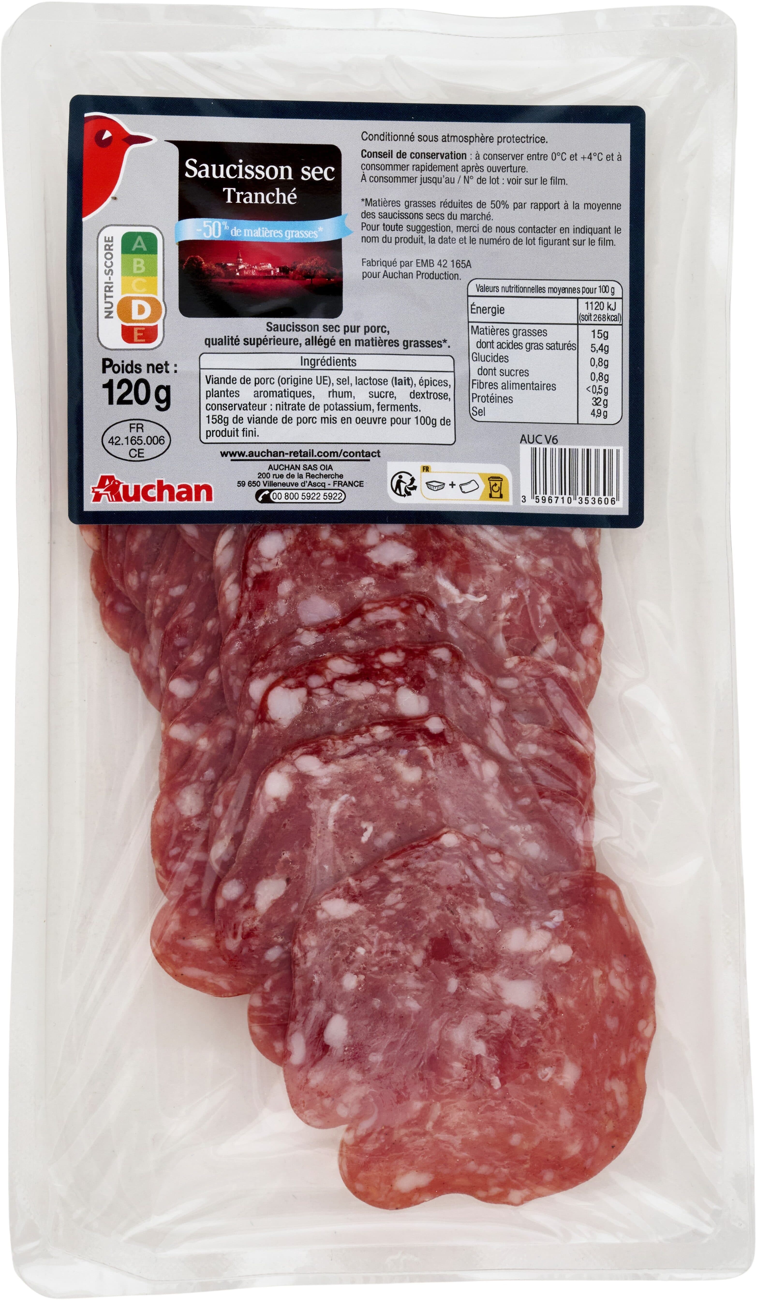 Auchan Saucisson sec tranché allégé-50% de matières grasses* packshot