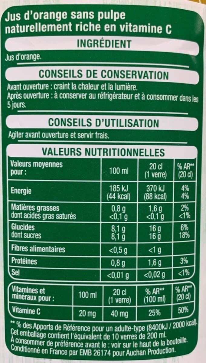 Auchan 100% Pur JusOrange - sans pulpe. Riche en vitamine C.Sans sucres ajoutés** Comme tous les jus de fruits. Contient les sucres naturellement présents dans les fruits. packshot