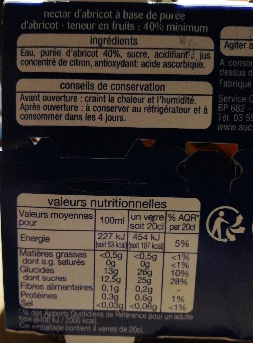 Auchan Nectar Abricotà base de puréeTeneur en fruits 40% minimum packshot