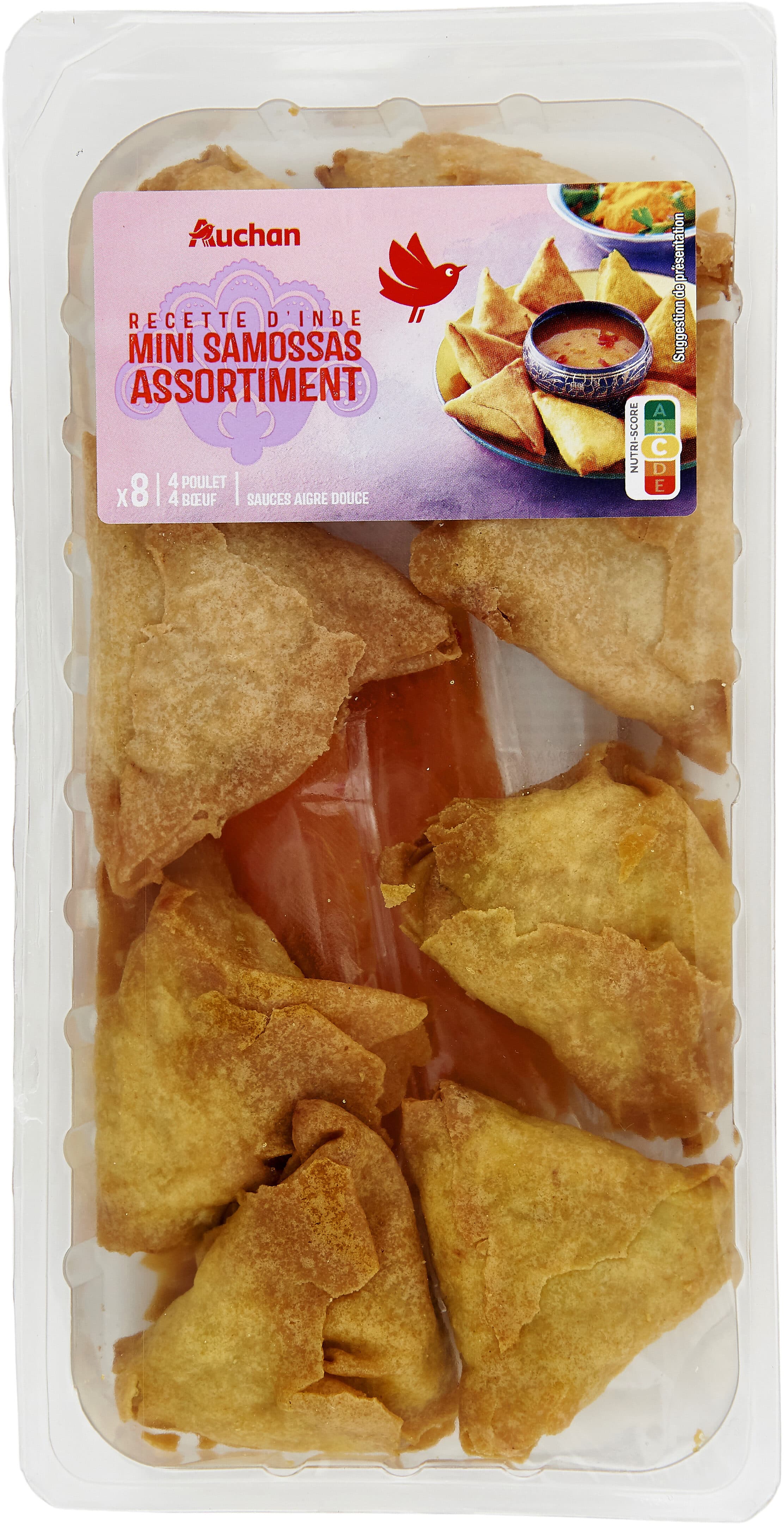 Auchan Recette d'IndeMini samossas assortiment - 4 poulet - 4 bœuf - x8 - sauces aigre douce packshot