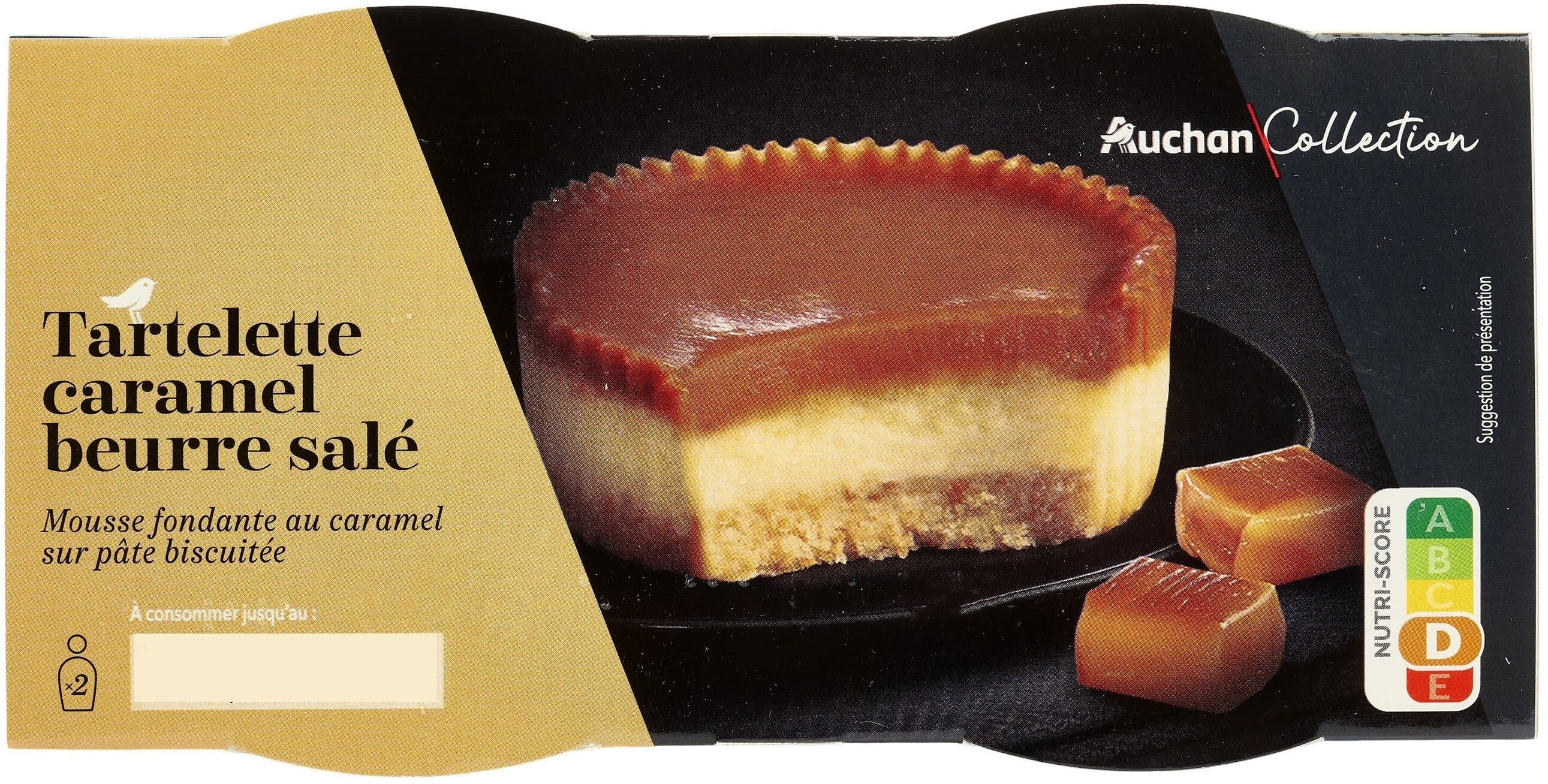 Auchan TARTELETTE CARAMEL BEURRE SALEMousse fondante au caramel sur pate biscuitée. packshot