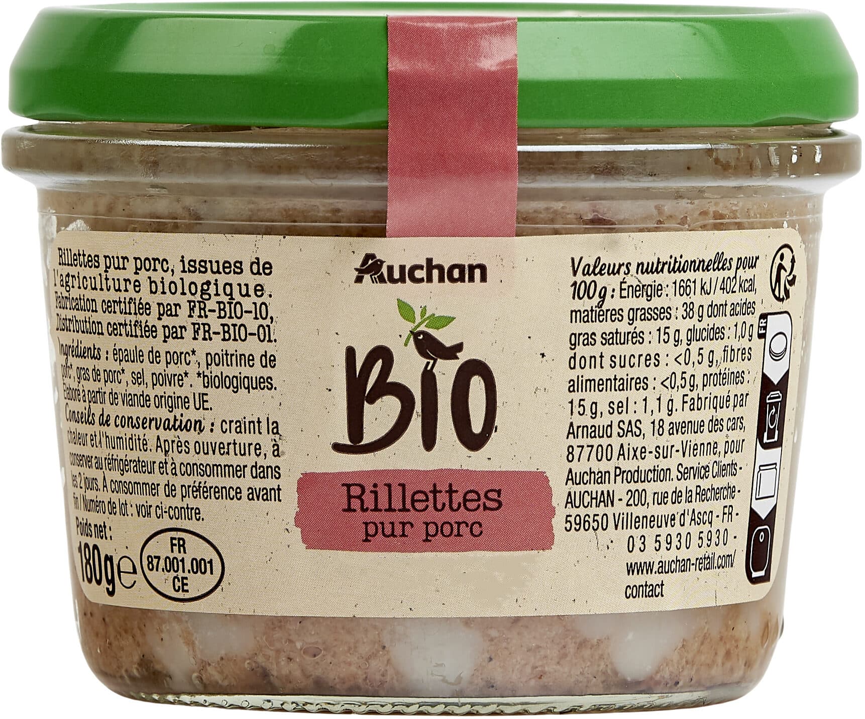 Auchan Rillettes Pur Porc Biologique packshot