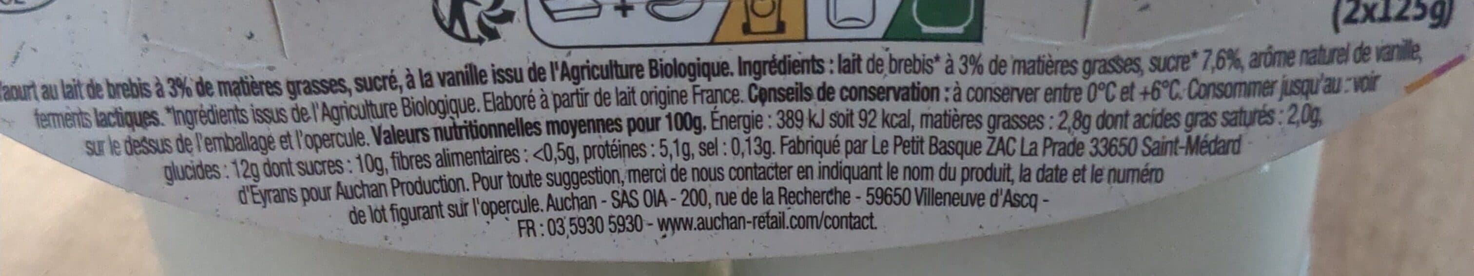 Auchan Bio Yaourt de brebis Vanille packshot