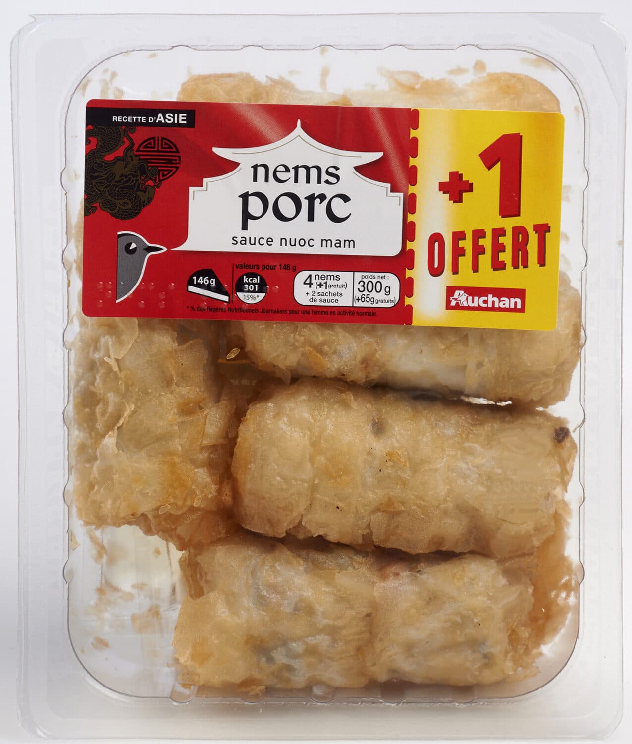 Auchan RECETTE D'ASIE4 nems au porc (+1 gratuit) avec sauce nuoc mamPICTO : 4 nems (+1 gratuit) + 2 sachets de sauce packshot