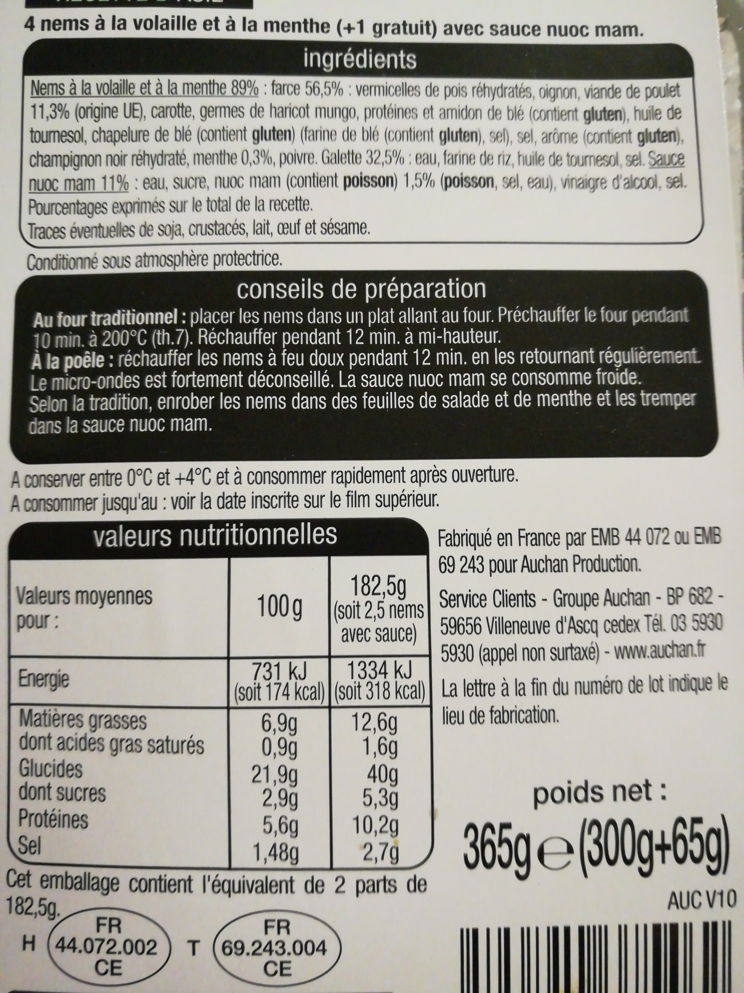 Auchan RECETTE D'ASIEnems volaille menthe sauce nuoc mamPICTO : 4 nems (+1offert) + 2 sachets de sauce packshot