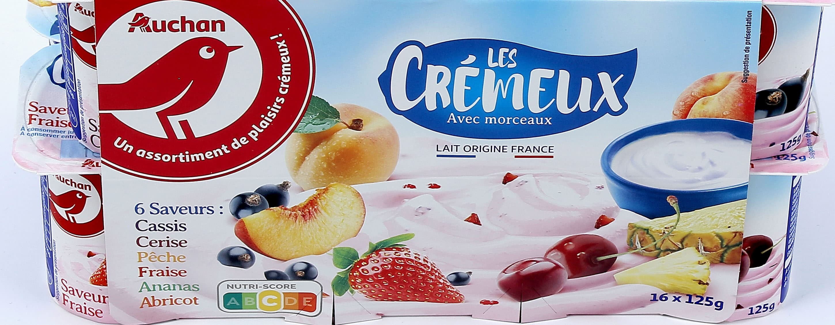 Auchan Les Crémeux avec morceaux6 saveurs : Cassis - Cerise - Pêche - Fraise - Ananas - Abricot packshot