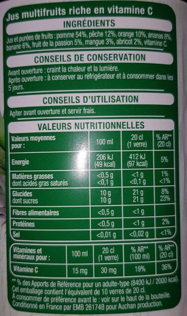 Auchan 100% Pur Jus - Multifruits Sans sucres ajoutés** Comme tous les jus de fruits. Contient les sucres naturellement présents dans les fruits packshot