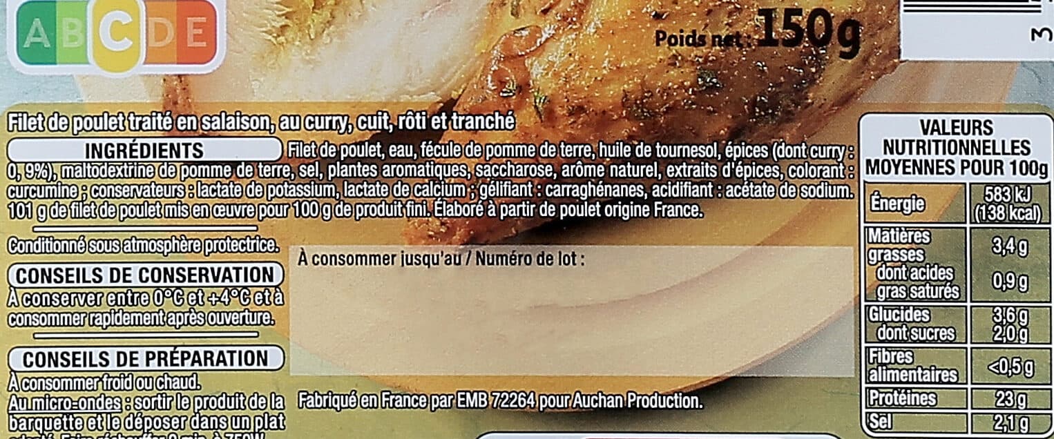 Auchan 1/2 filet de poulet rôti curry packshot