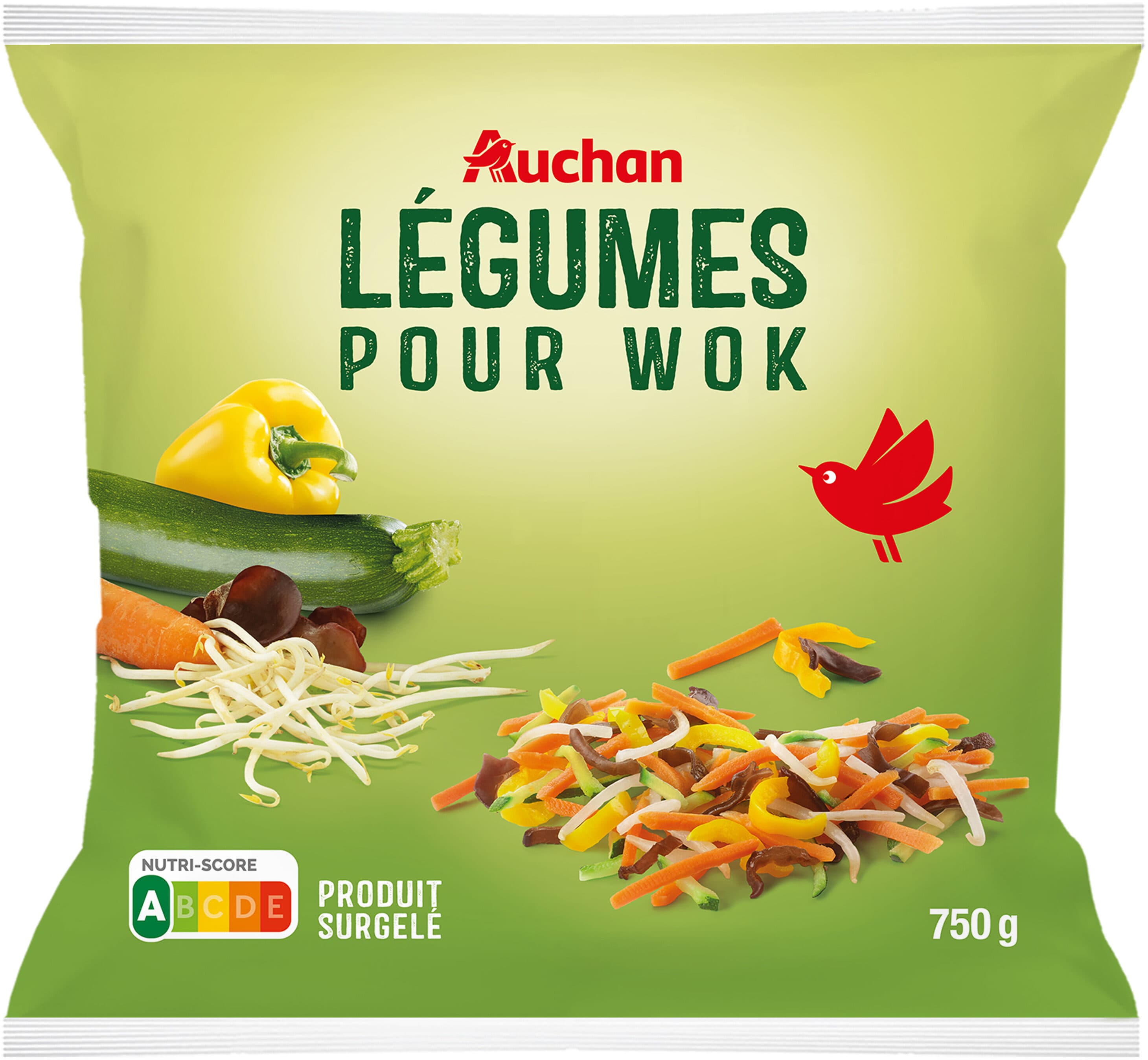 Auchan Légumes pour wokcarottes, courgettes, germes de haricots mungo, poivrons jaunes, champignons noirs packshot
