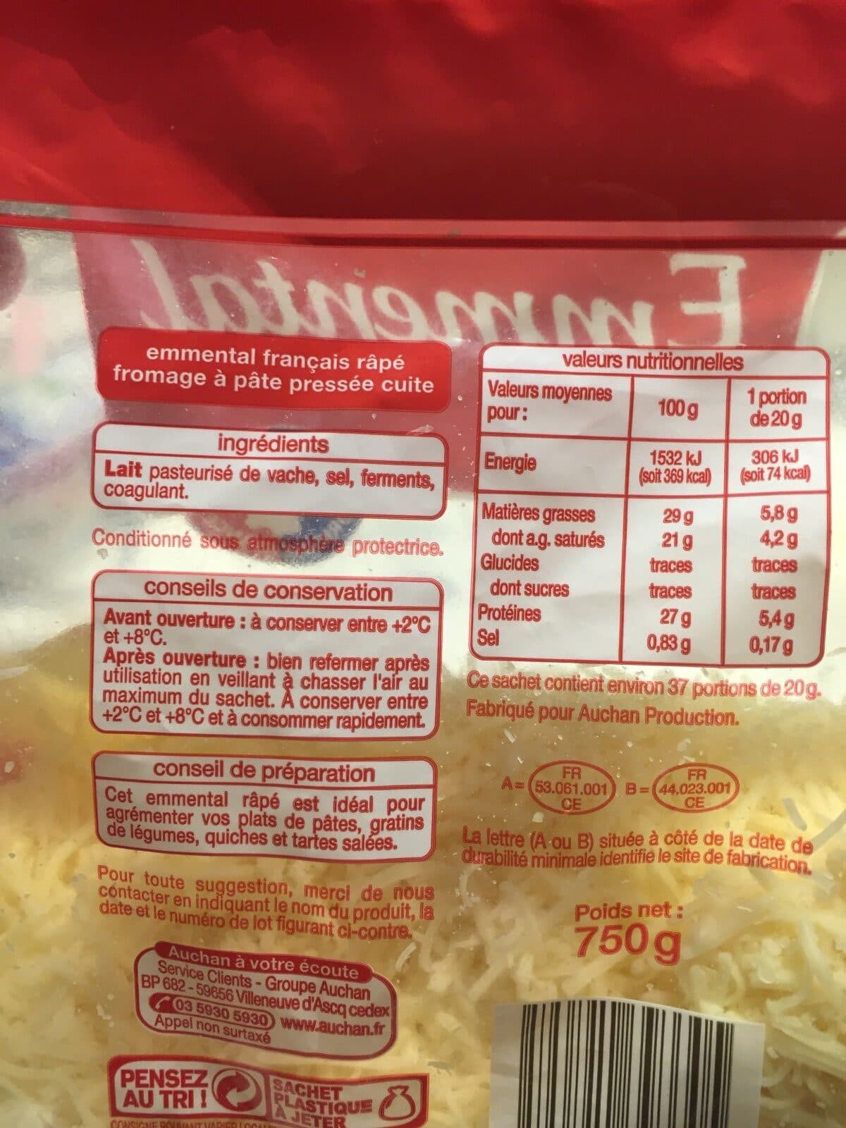 Auchan Emmental râpéGEANT 750G packshot