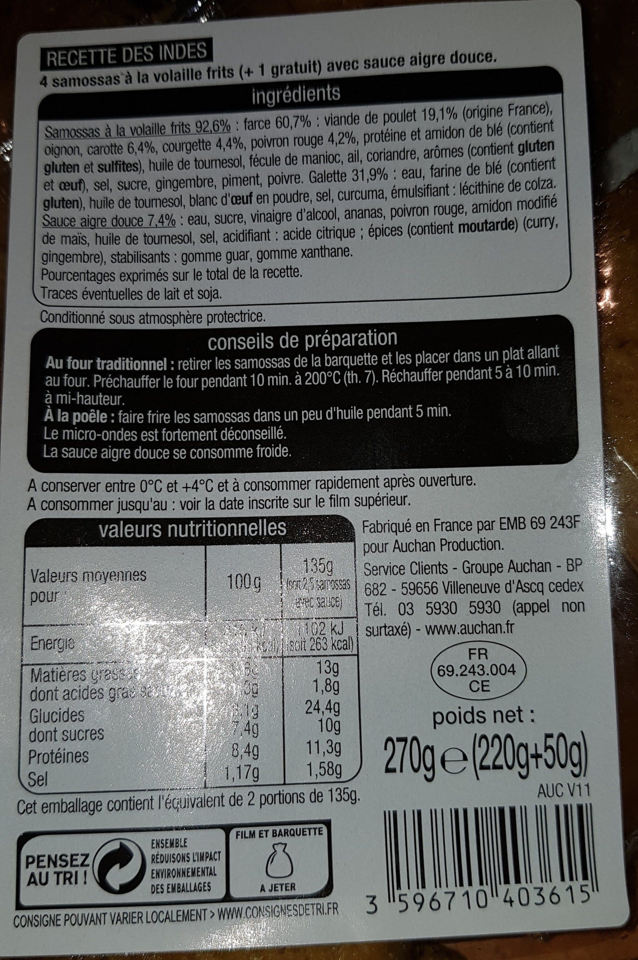 Auchan Recette d'indesamossa pouletsauces aigre douce4 +1 offert packshot