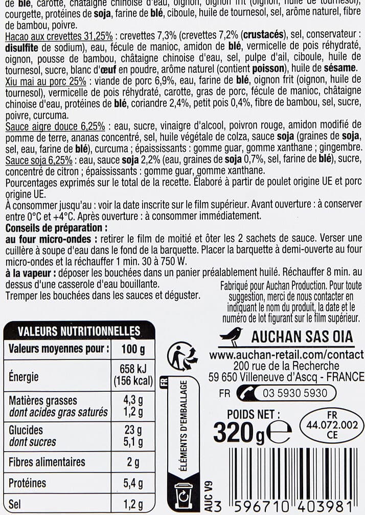 Auchan Recette de ChineBouchées vapeursauce aigre douce et sauce sojax12 - 4 hacao poulet - 4 hacao crevettes - 4 xiu mai porc - sauce aigre douce et sauce soja packshot