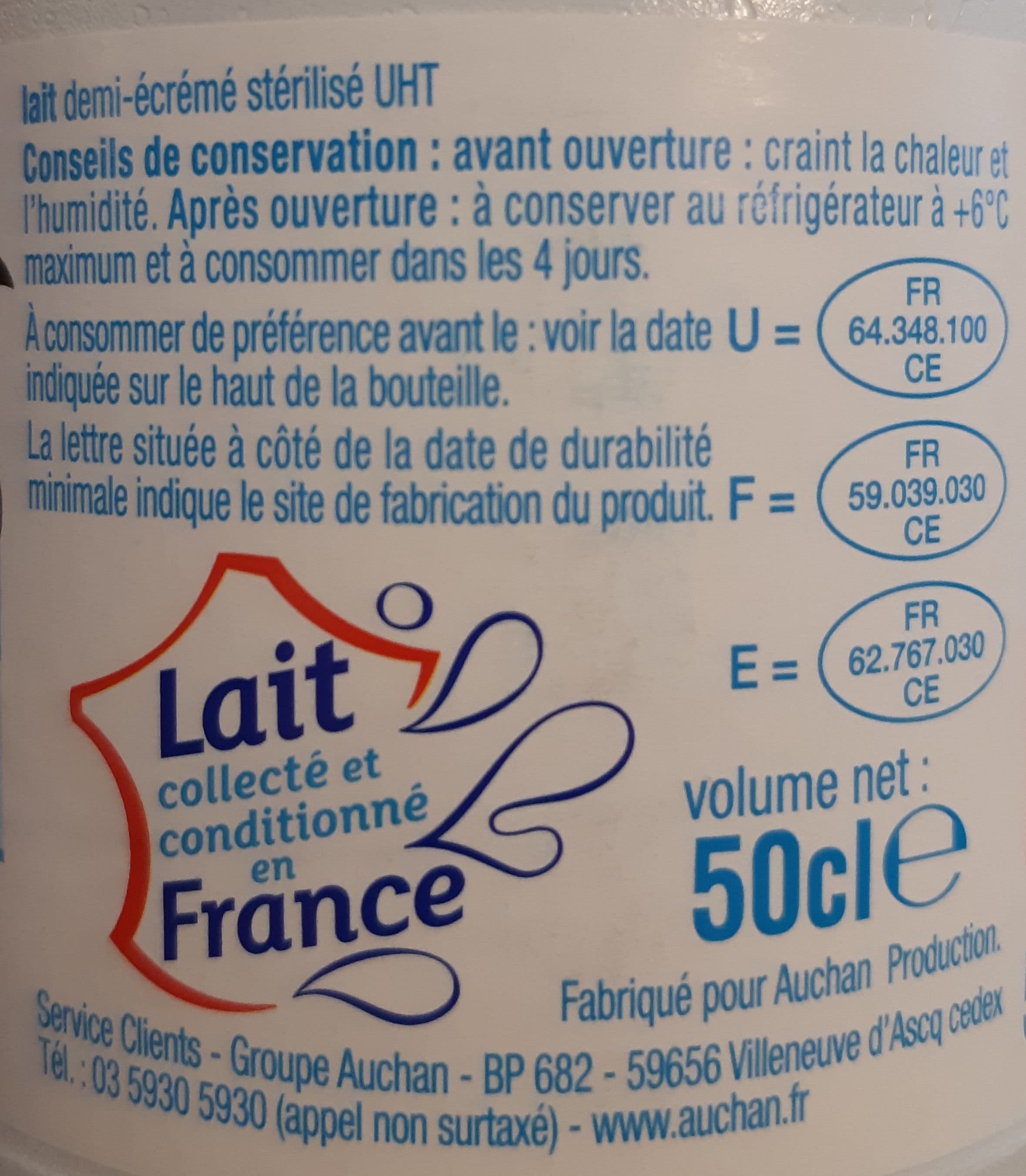 Auchan Lait Demi-Écrémé packshot
