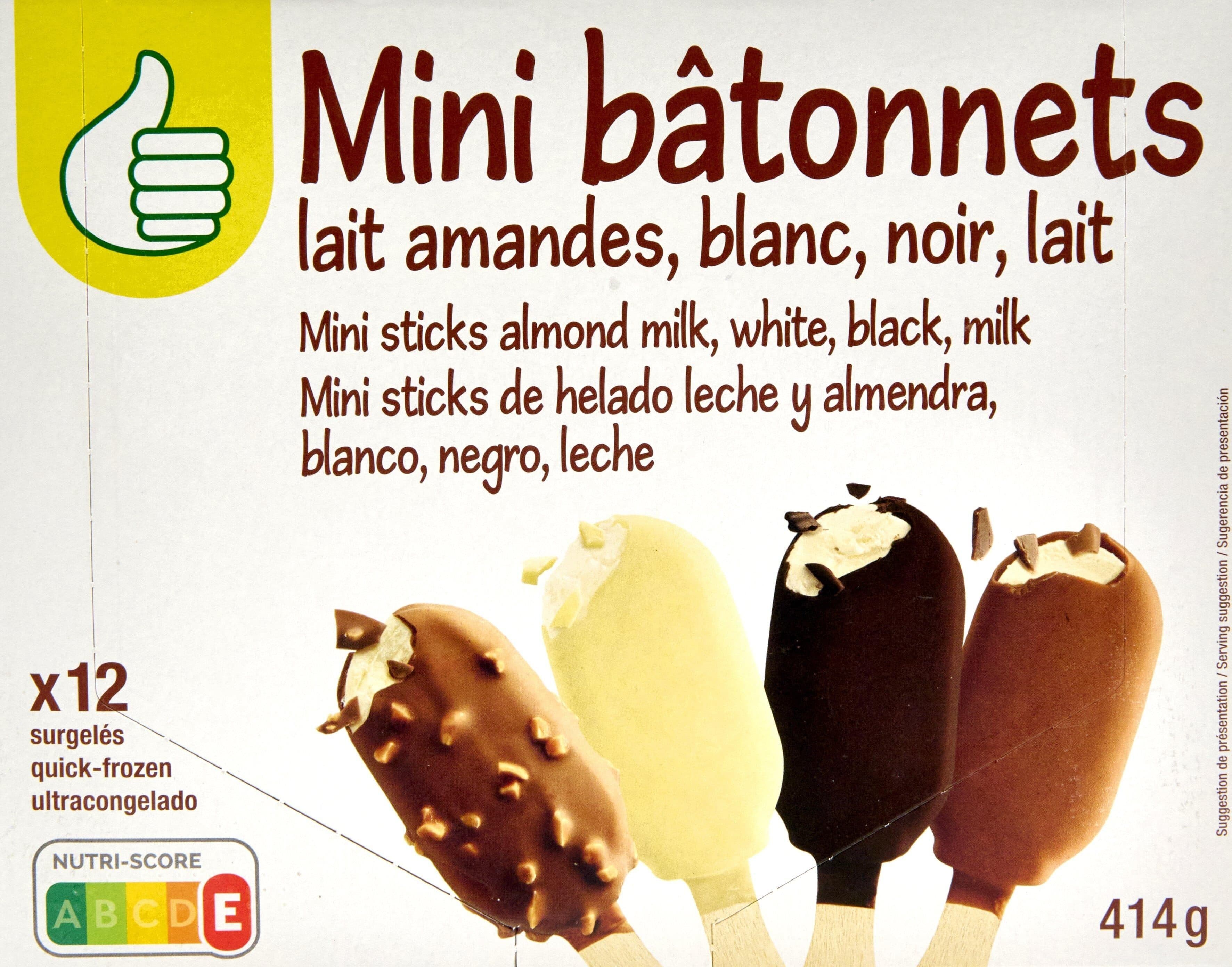 Auchan Mini bâtonnets lait amandes, blanc, noir, lait packshot
