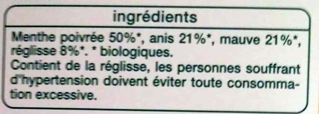 Auchan Infusion Ventre plat menthe poivrée anis mauve réglisse BIO - 30g AUCHAN issu de l'agriculture biologique packshot