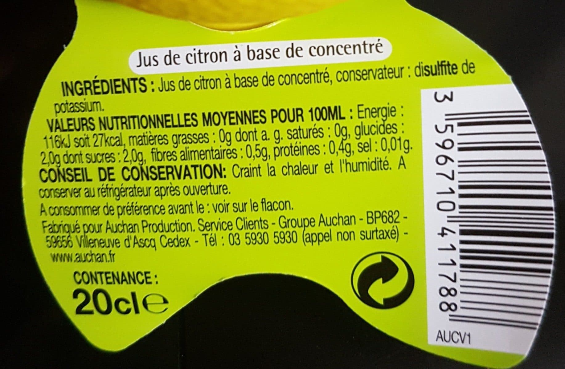 Auchan Jus de citron à base de concentré packshot