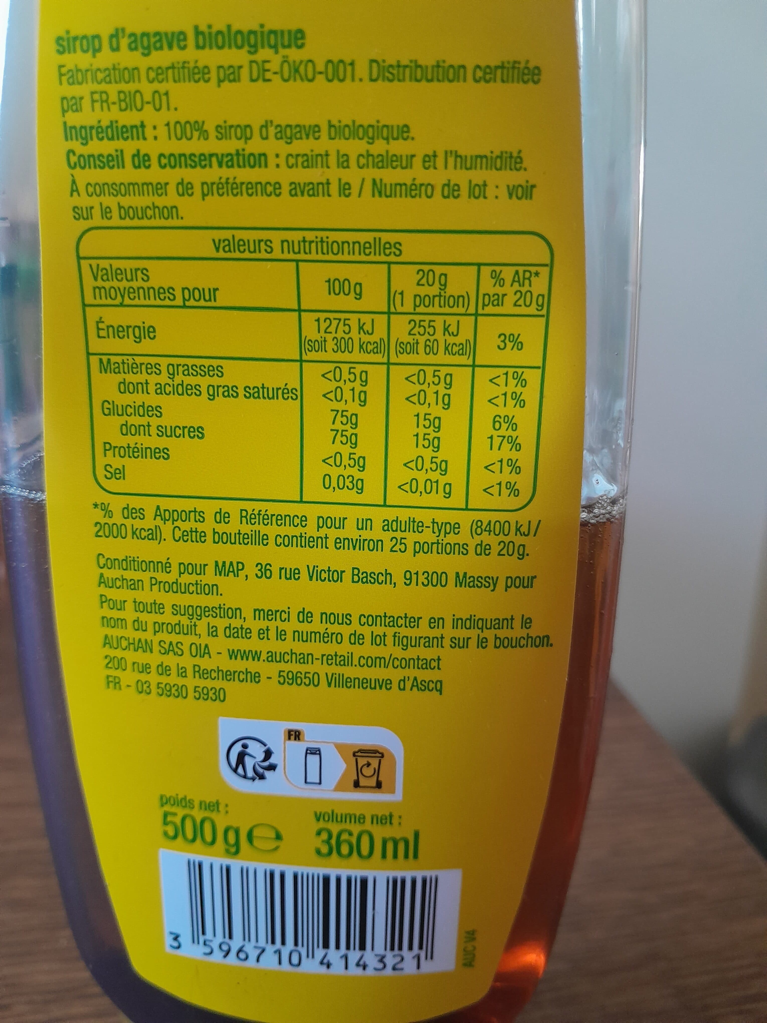Auchan Sirop d'agave bio packshot