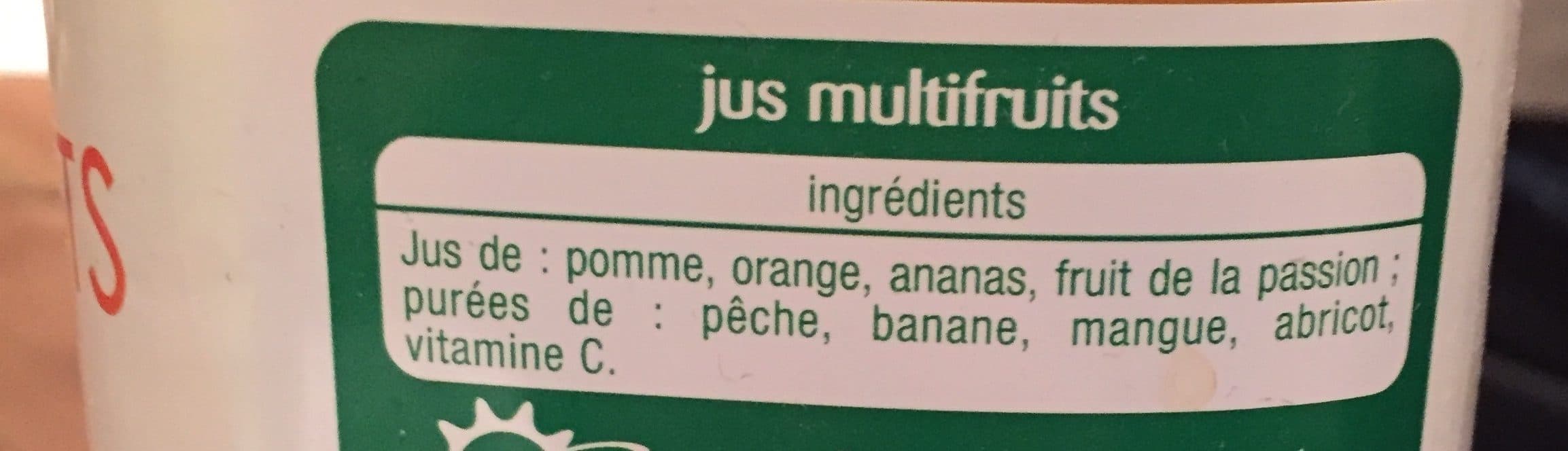 Auchan 100% Pur jus multifruitsSans sucres ajoutés** Comme tous les jus de fruits. Contient les sucres naturellement présents dans les fruits. packshot