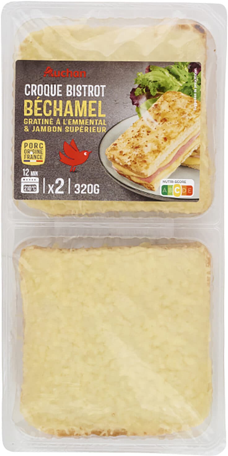 Auchan CROQUE BISTROT BÉCHAMEL GRATINÉ À L'EMMENTAL et JAMBON SUPÉRIEUR packshot