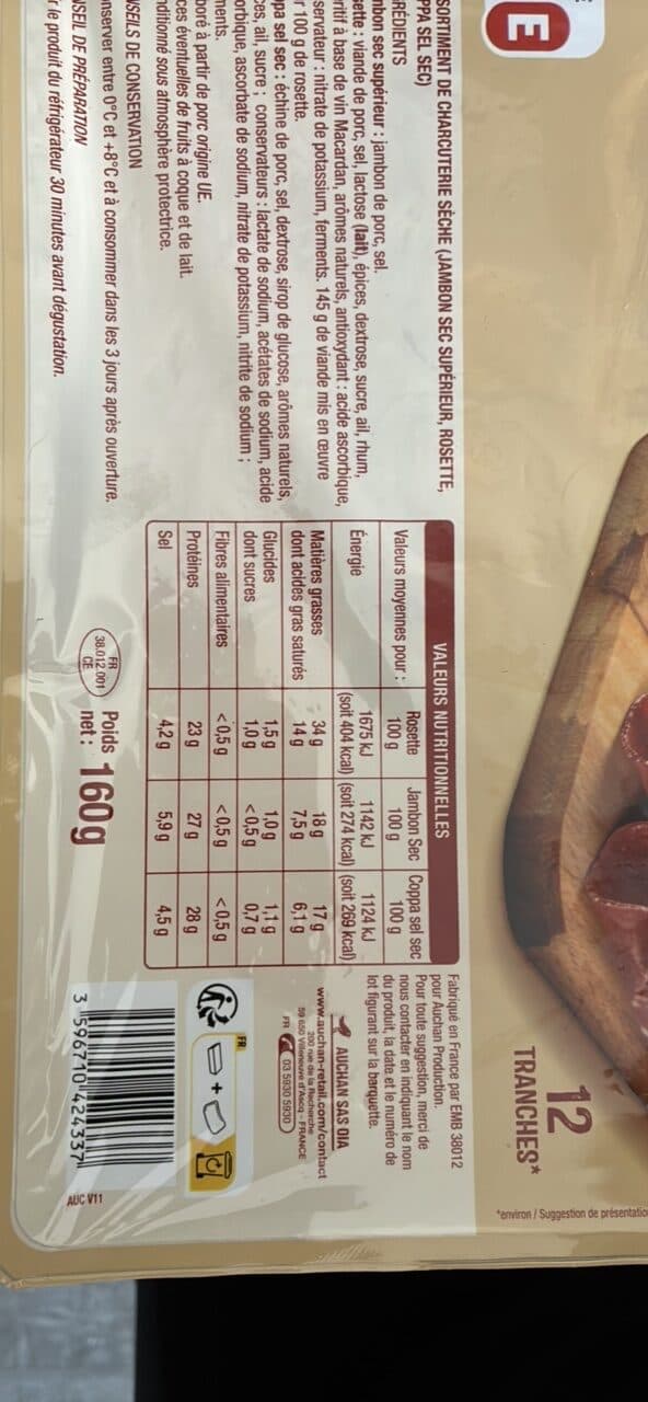 Auchan Plateau charcutierJambon sec, Rosette, Coppa packshot