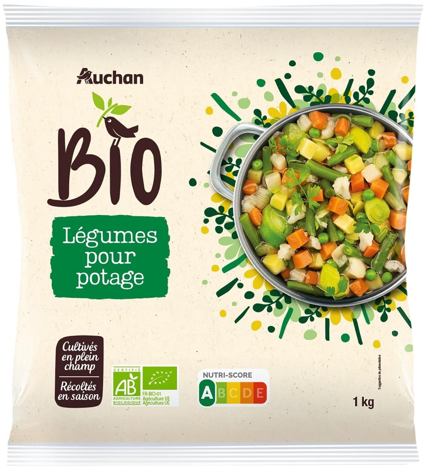 Auchan Légumes pour potage Biocarottes, haricots verts, poireaux émincés, pommes de terre, choux-fleurs, petits pois, céleris, oignons packshot