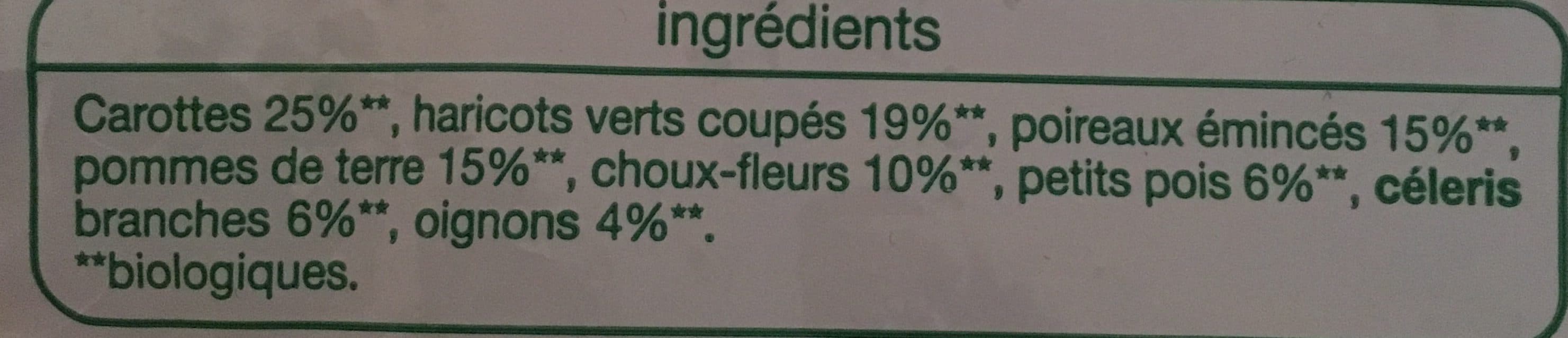 Auchan Légumes pour potage Biocarottes, haricots verts, poireaux émincés, pommes de terre, choux-fleurs, petits pois, céleris, oignons packshot