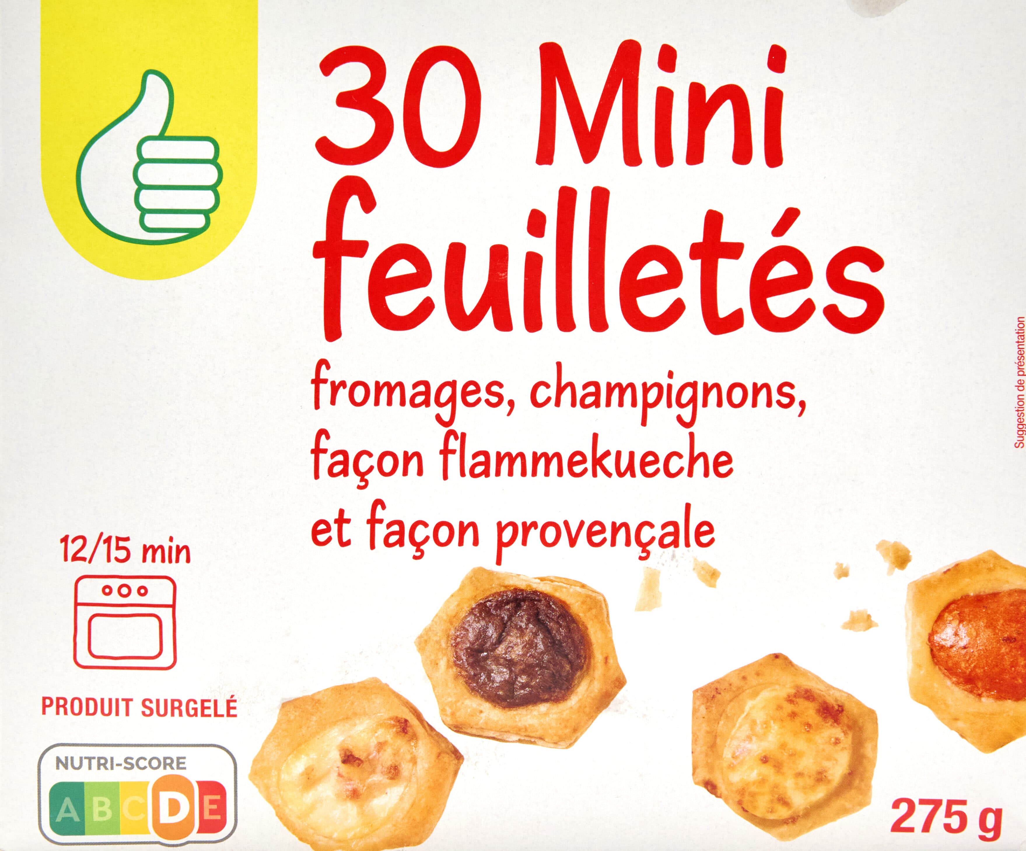 Auchan 30 mini-feuilletés surgelésFromages, champignons, façon flammekueche et façon Provençale packshot