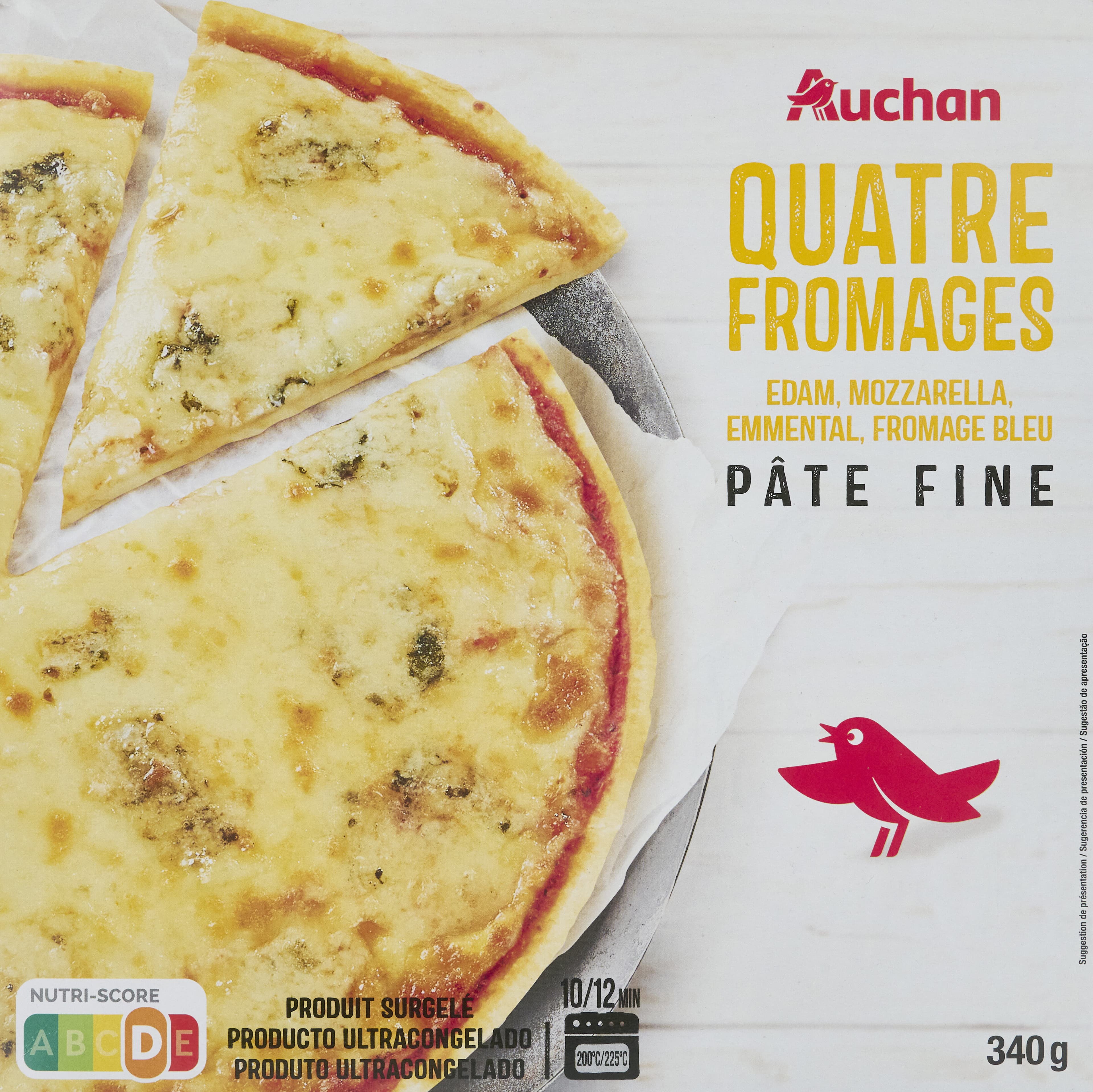 Auchan Quatre fromagesedam, mozzarella, emmental, fromage bleupâte fine packshot