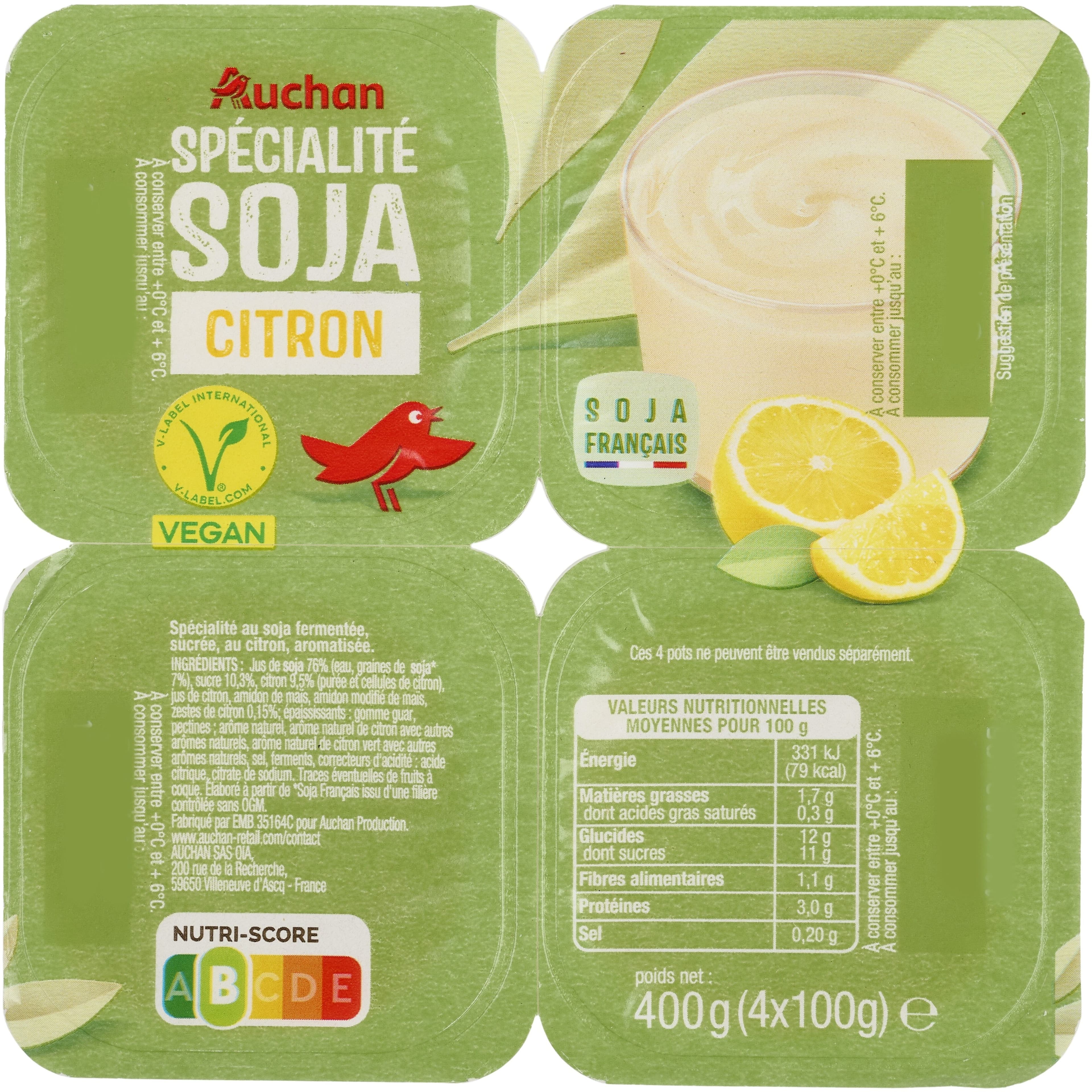 Auchan Spécialité au Soja citronPicto : Soja Origine France issu d'une filière contrôlée packshot
